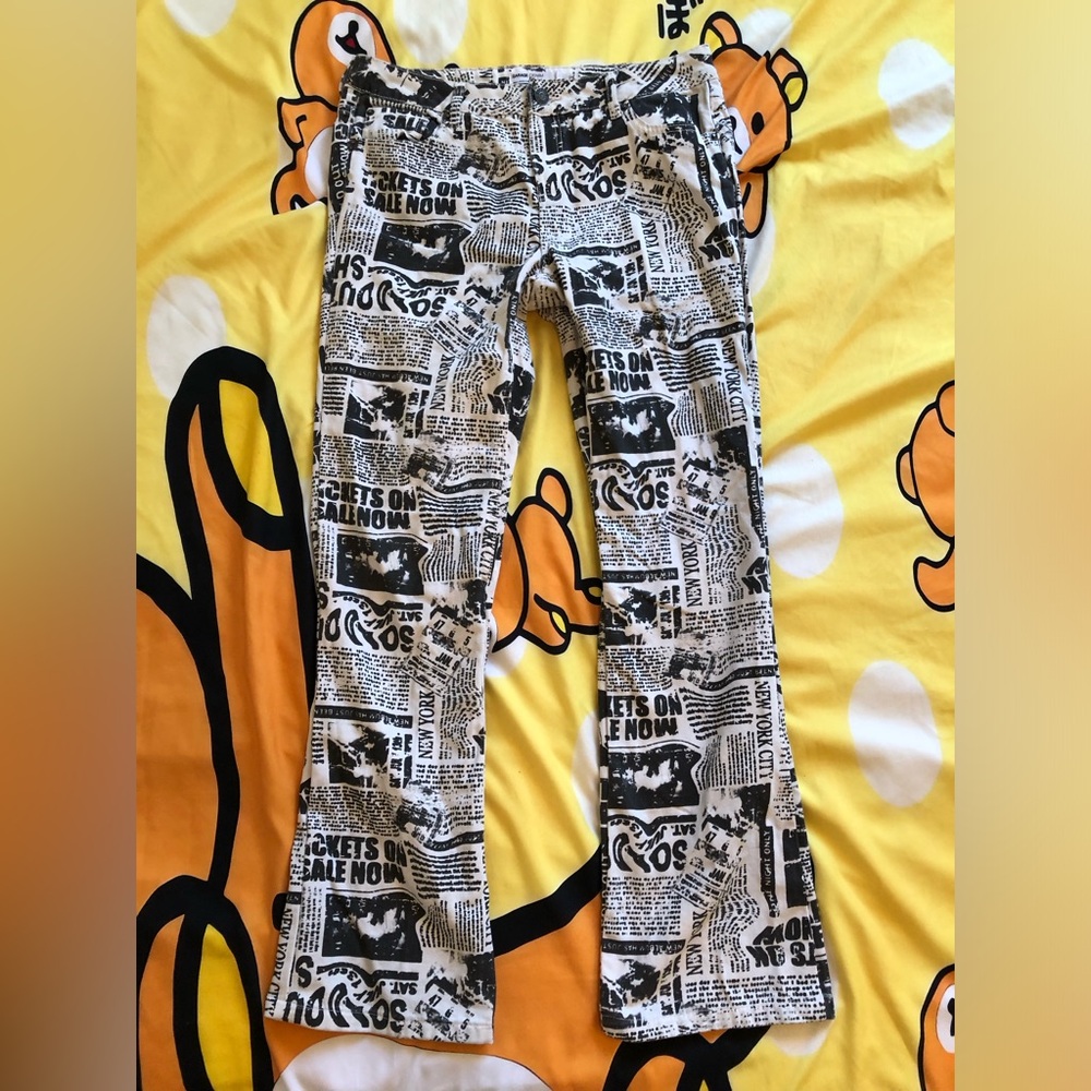 Black & White Newspaper Print Flared Pants